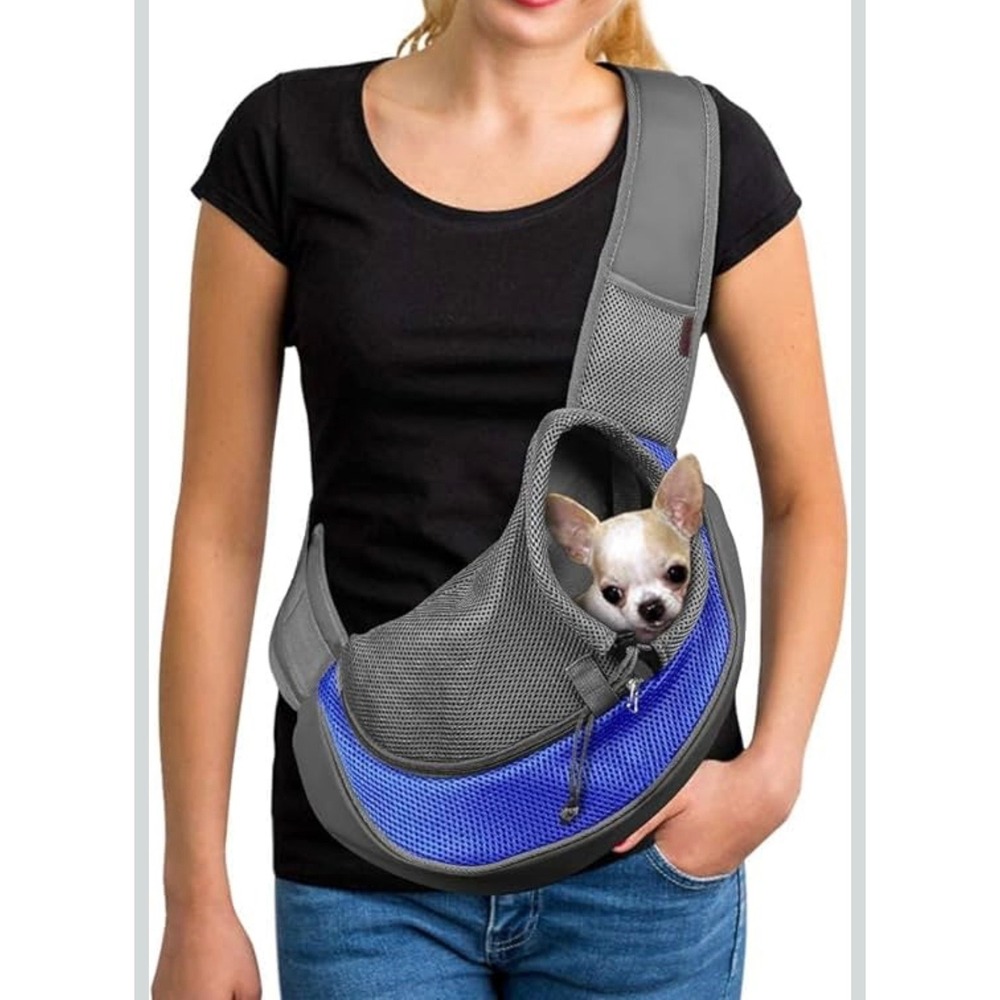 Hands Free Pet Carrier Sling Small Dog Cat Mesh Travel Bag Blue Grey Adjustable